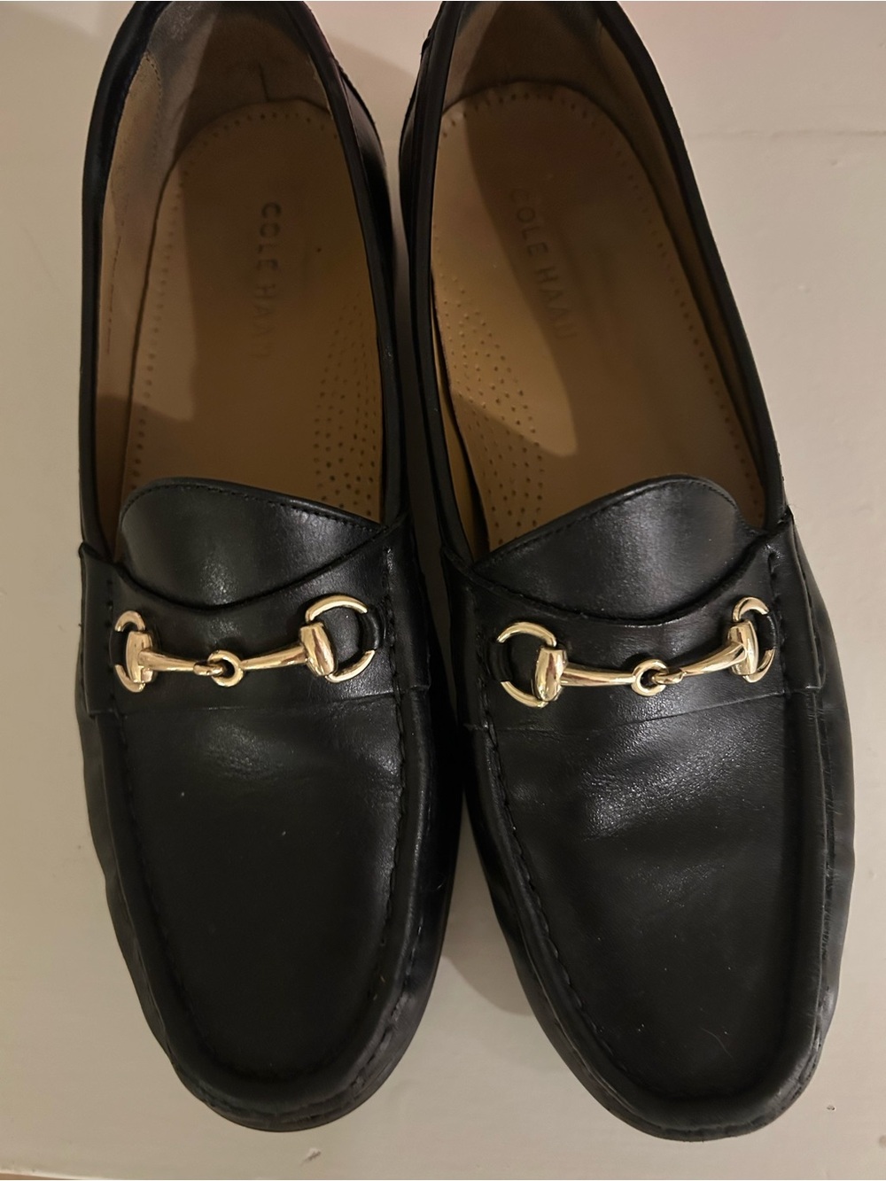 Cole Haan Black Leather Loafers with Gold Horsebit